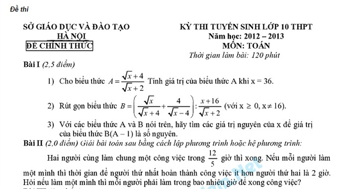 Đề thi môn Toán vào lớp 10 kỳ thi tuyển sinh lớp 10 THPT tại Hà Nội